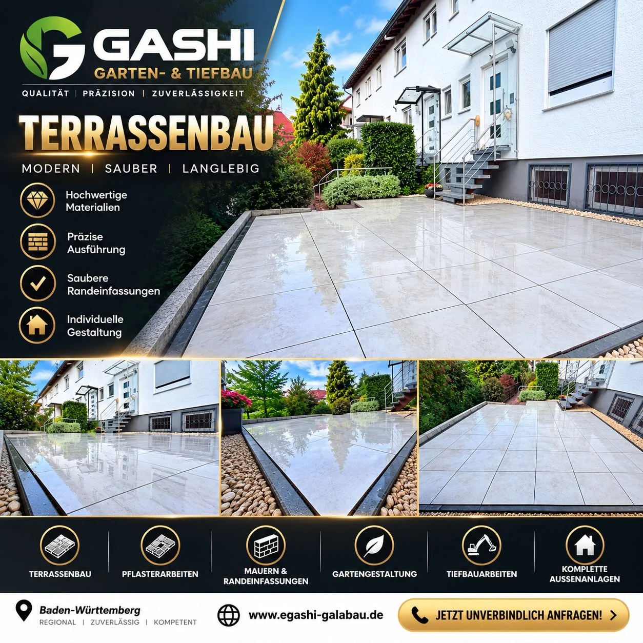 Terrassenbau von Gashi: großformatige helle Feinsteinzeugplatten mit Randeinfassung und Kiesstreifen vor einem Reihenhaus